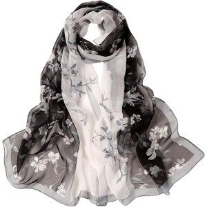 Women's Black+white Fashion Lightweight Head Scarf Floral Print Chiffon Scarves